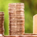 stacked coins next to wooden house